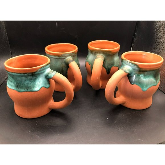 4 Red Clay Terracotta Green Drip Glaze Coffee Tea Mug Cup USA 90s - Picture 7 of 10